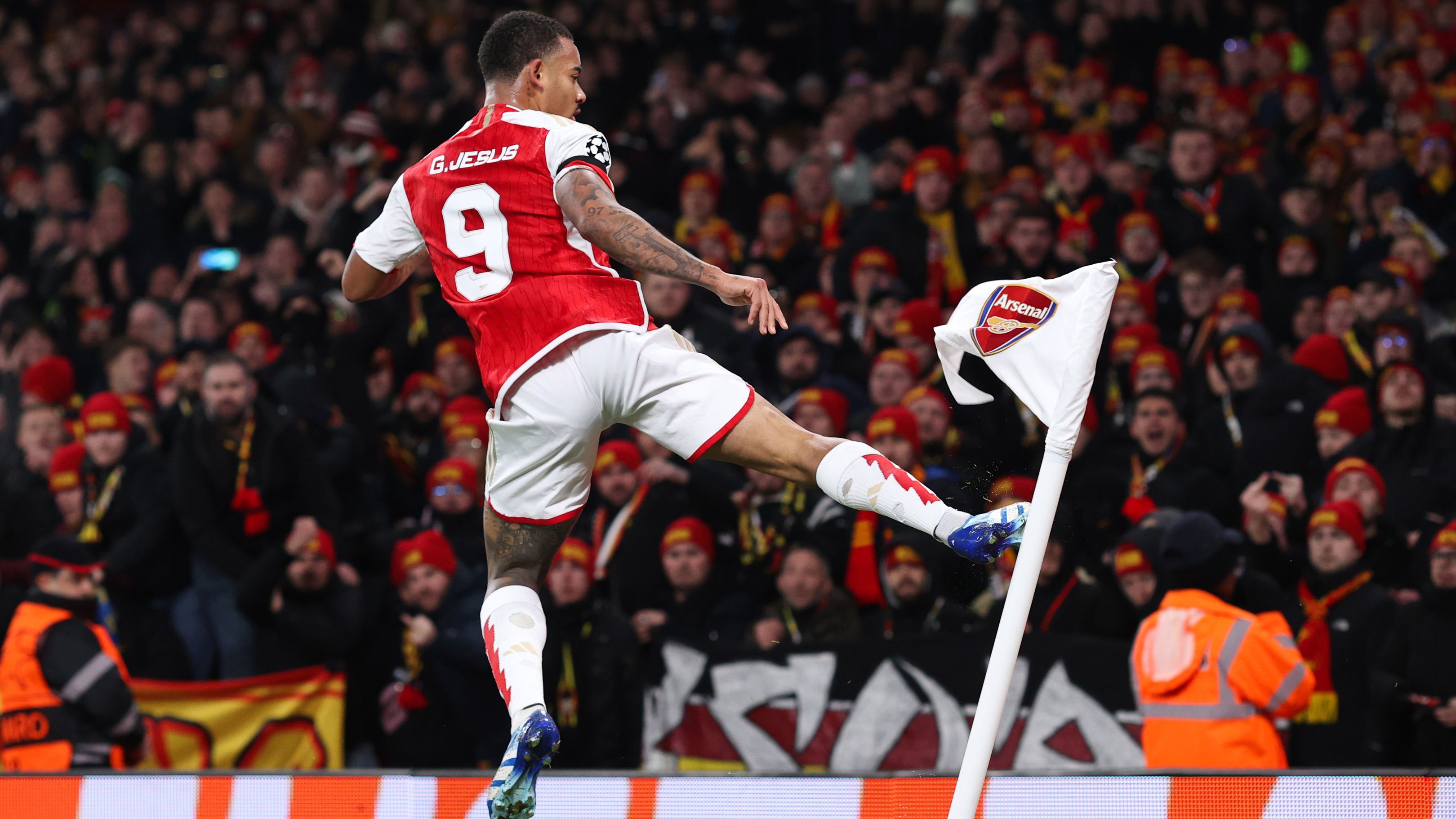 Gabriel Jesus of Arsenal celebrates their second goal.