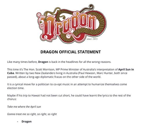 Dragon issued a statement criticising Prime Minister Scott Morrison for singing their hit song April Sun in Cuba.