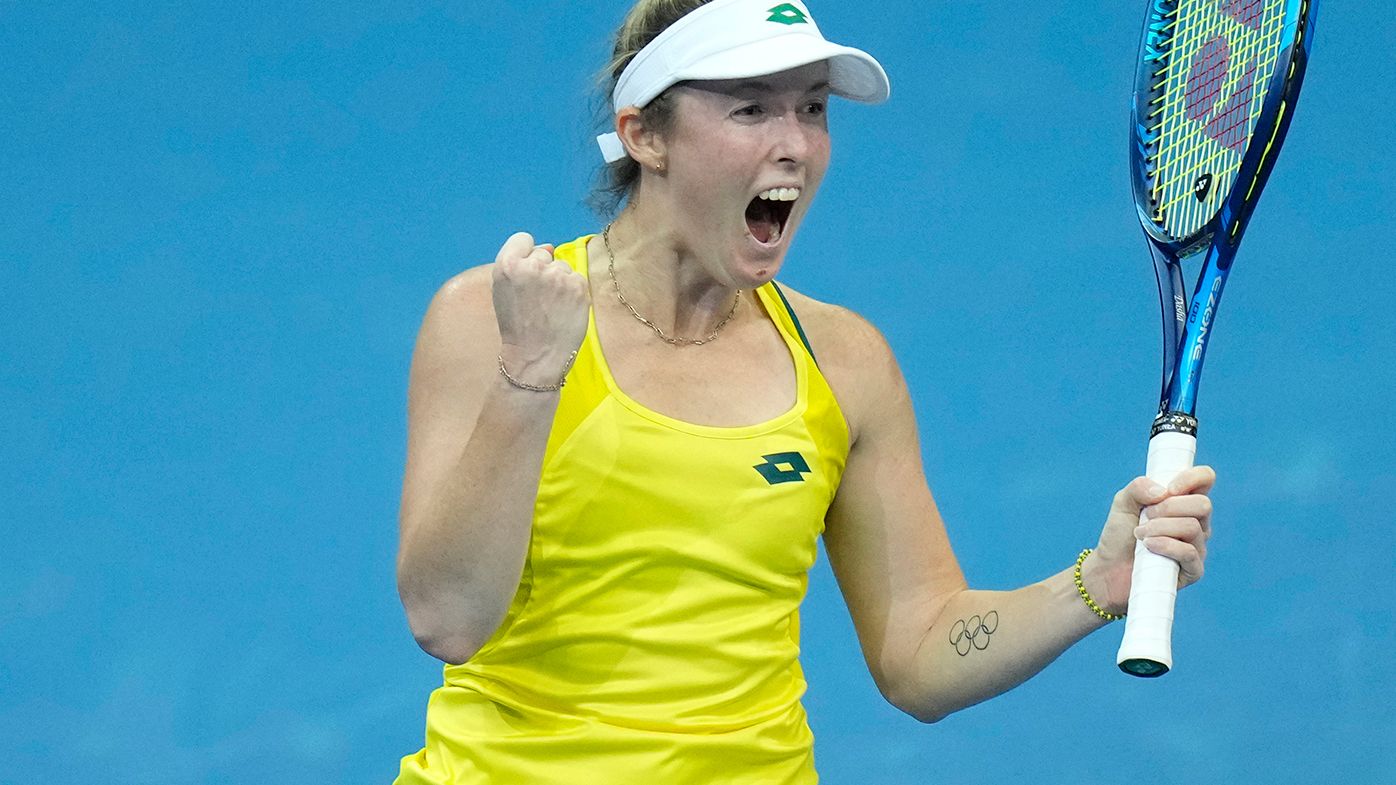 Australia&#x27;s Storm Sanders celebrates after defeating Yuliya Hatouka of Belarus during their group B Billie Jean King Cup finals tennis match in Prague.