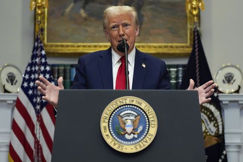 President Donald Trump speaks in the Roosevelt Room of the White House, Tuesday, Jan. 21, 2025, in Washington