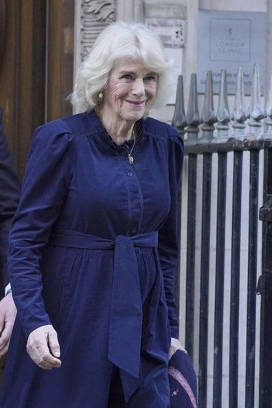 Britain's Queen Camilla departs The London Clinic in central London, Friday Jan. 26, 2024. Buckingham Palace says King Charles III been admitted to a private London hospital to undergo a "corrective procedure" for an enlarged prostate. The 75-year old king will be treated at the London Clinic, where the Princess of Wales is recovering after undergoing abdominal surgery. (Jonathan Brady/PA via AP)