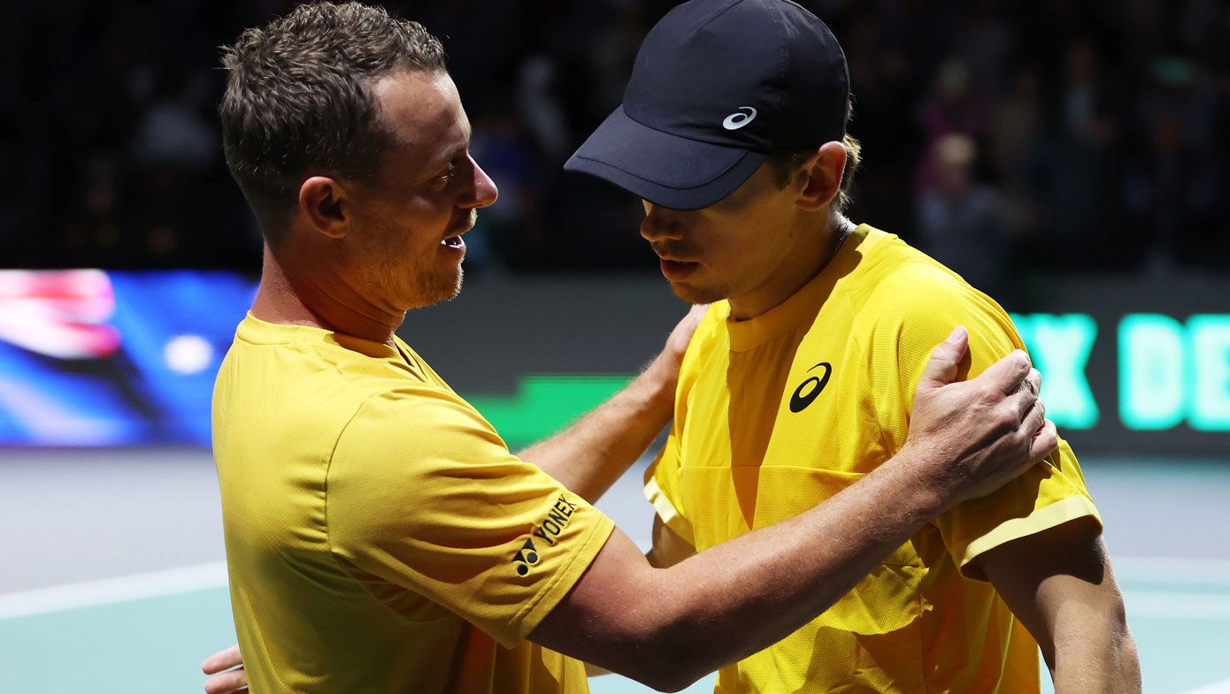 Lleyton Hewitt counsels Alex de Minaur during Australia&#x27;s Davis Cup tie against Czechia in 2023.