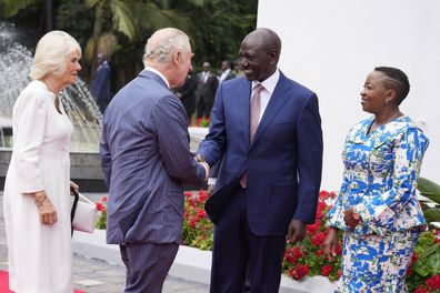 Kenya's President William Ruto and  First Lady Rachal Ruto, right, welcome Britain's King Charles III, second left, and Queen Camilla at State House, in Nairobi, Kenya Tuesday, October 31, 2023. 