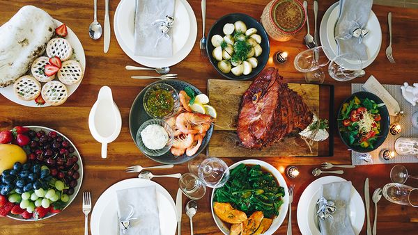 Beautifully set dinner table flat lay.