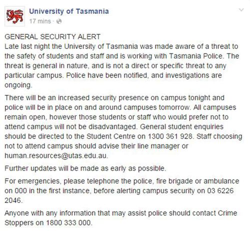 The university took to Facebook to warn students and staff of the security threat. (Facebook)