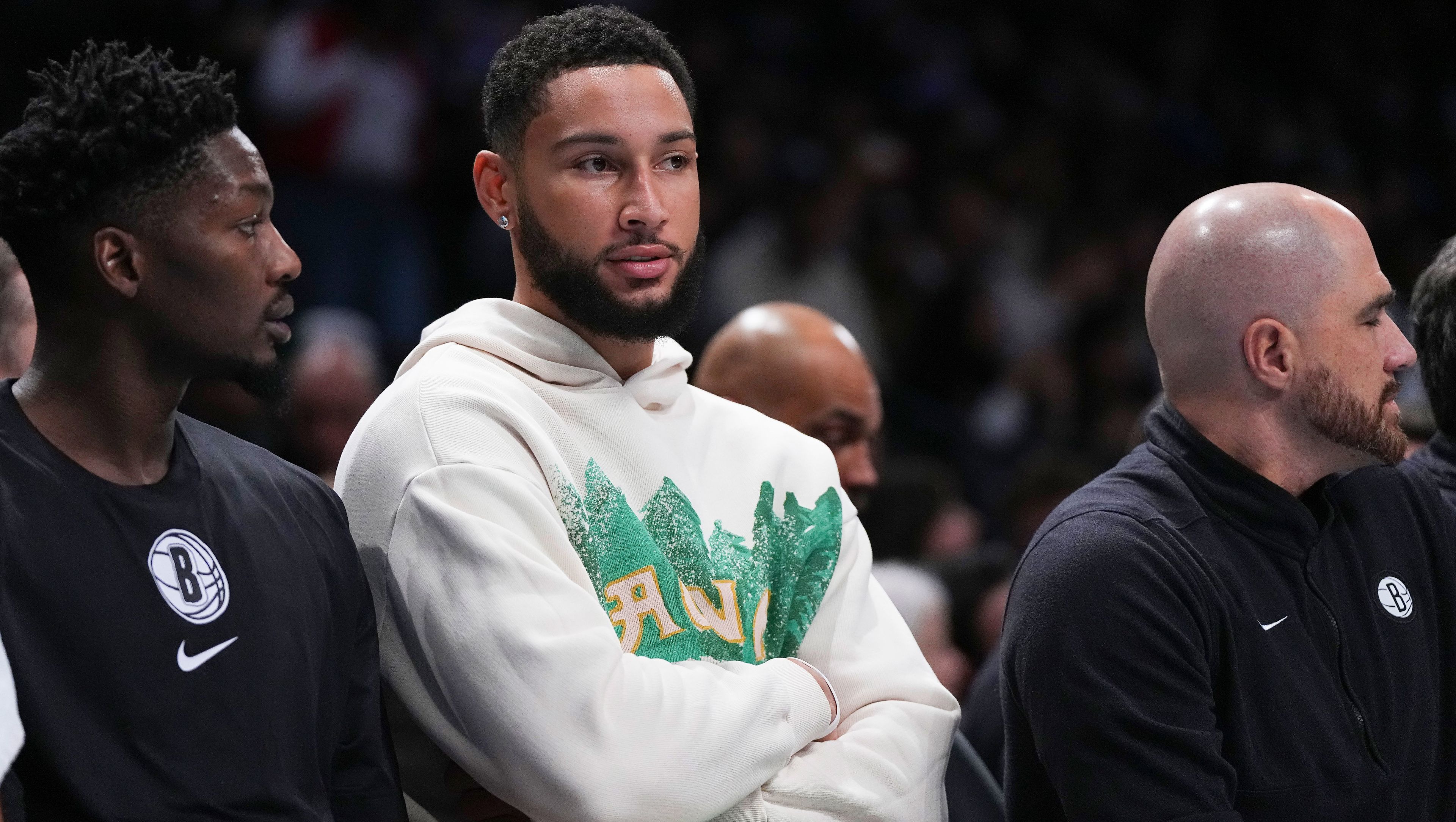 Ben Simmons looks on from the bench in the first half against the Washington Wizards at Barclays Center on November 12, 2023.