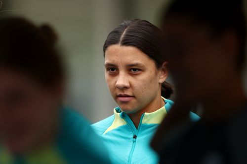 BRISBANE, AUSTRALIA - JULY 17: Sam Kerr during an Australia Matildas training session ahead of the FIFA Women's World Cup Australia & New Zealand 2023 Group B match between Australia and Ireland at Queensland Sport and Athletics Centre on July 17, 2023 in Brisbane, Australia. (Photo by Chris Hyde/Getty Images)