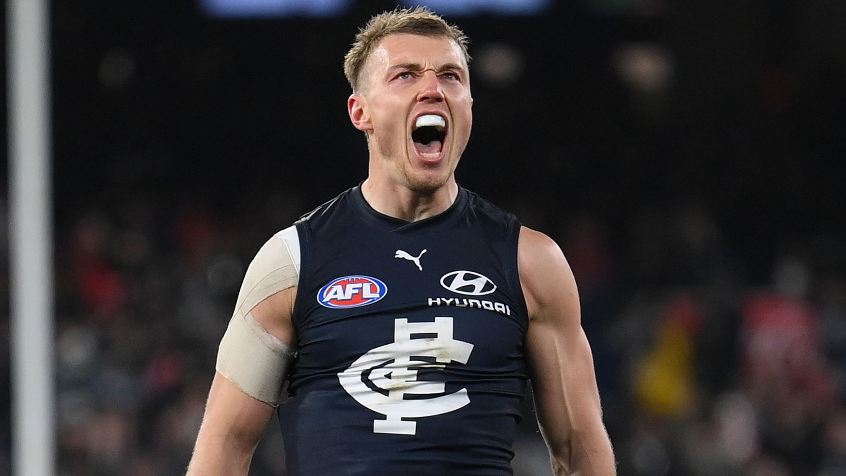 MELBOURNE, AUSTRALIA - SEPTEMBER 08: Patrick Cripps of the Blues celebrates kicking a goal during the First Elimination Final AFL match between Carlton Blues and Sydney Swans at Melbourne Cricket Ground, on September 08, 2023, in Melbourne, Australia. (Photo by Quinn Rooney/Getty Images)