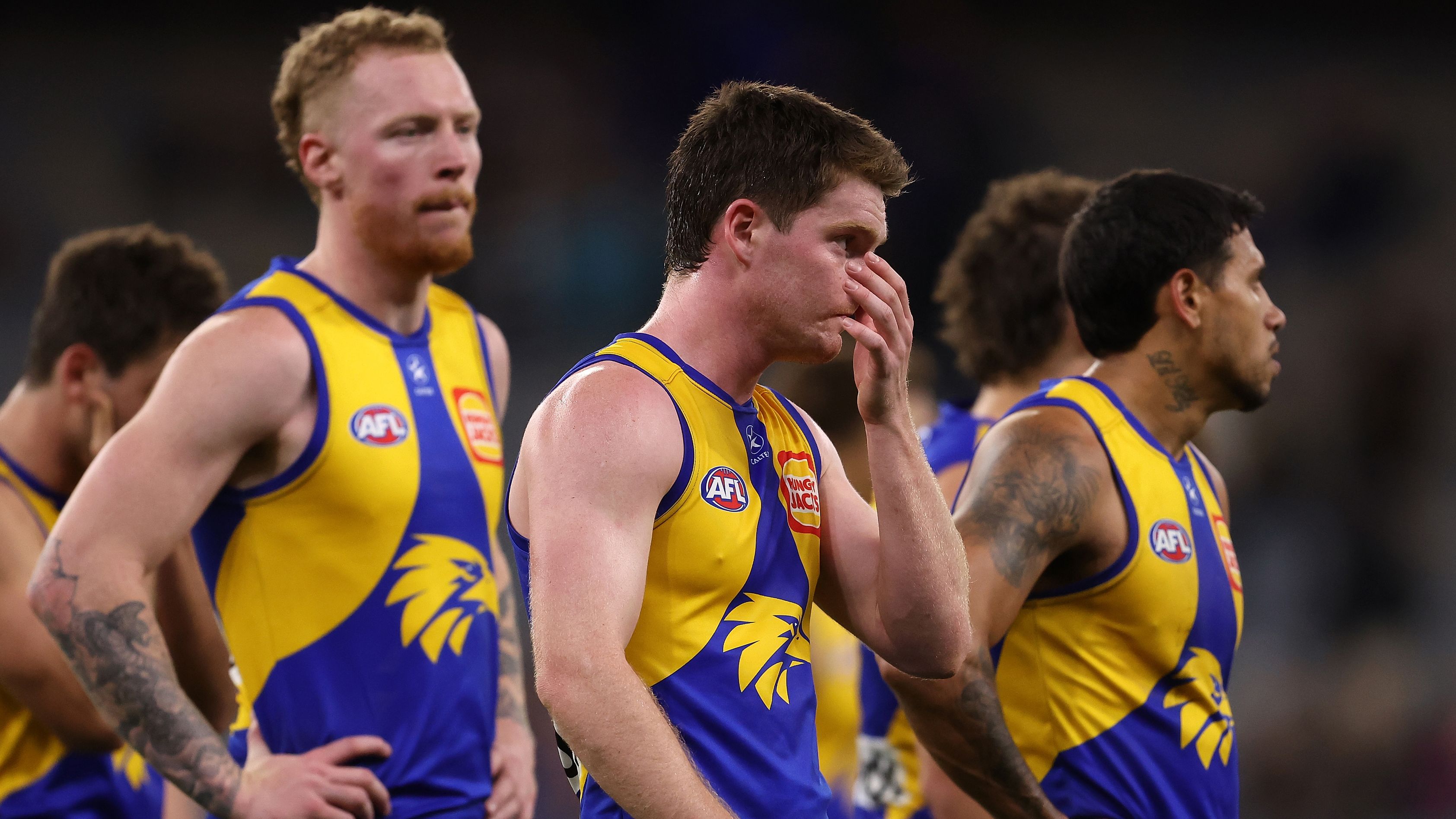 PERTH, AUSTRALIA - AUGUST 12: Luke Foley of the Eagles looks on after being defeated during the round 22 AFL match between West Coast Eagles and Fremantle Dockers at Optus Stadium, on August 12, 2023, in Perth, Australia. (Photo by Paul Kane/Getty Images)
