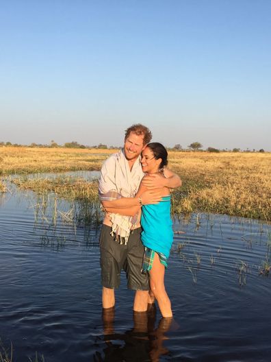 A second photo in the post? shows the couple hugging in a lake in Botswana with towels wrapped around them, taken in 2016. 