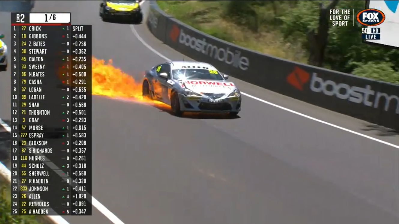 Kai Allen&#x27;s car spews fire after a multi-car crash in Race 2 of the TGRA86 category.