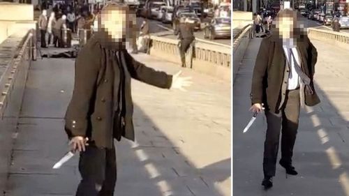 Stills taken from footage of the incident shows one of the heroes, dressed in a dark overcoat and tie, emerging from the scuffle with what appears to be a knife the suspect had been wielding.