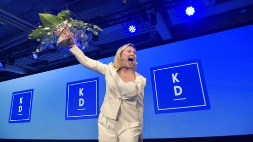 The Christian Democrats party leader Ebba Busch Thor speaks at the election party in Stockholm