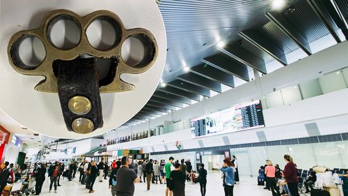 The knuckledusters seized at Perth Airport (inset) and the domestic terminal. 