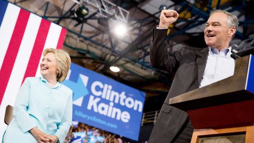 Tim Kaine (right) with Hillary Clinton. (AAP)