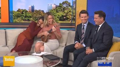 Karl Stefanovic and Alex Cullen react to Leila McKinnon and Brooke Boney's impromptu ukulele duet.