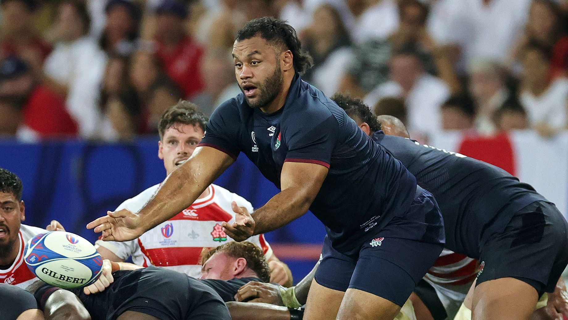 Billy Vunipola passes the ball during the Rugby World Cup match between England and Japan.