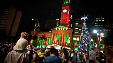 The King George Square Christmas tree is lit up in Brisbane.