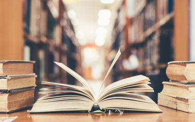 Books in a library. Stack of books. Book stack