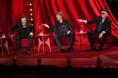 Ronnie Wood, Mick Jagger and Keith Richards of Rolling Stones on stage during Rolling Stones Hackney Diamonds album launch event on September 6, 2023 in London 