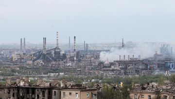 Smoke rises from the Metallurgical Combine Azovstal in Mariupol, in territory under the government of the Donetsk People&#x27;s Republic, eastern in Mariupol, Ukraine, 