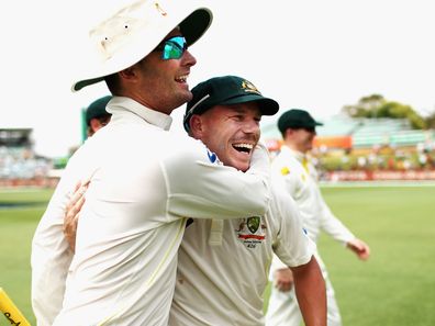Michael Clarke and David Warner of Australia celebrate victory during day five of the Third Ashes Test Match between Australia and England at WACA on December 17, 2013 in Perth, Australia. (Photo by Ryan Pierse/Getty Images)
