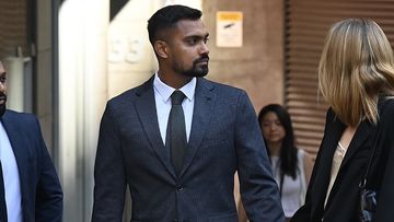 Sri Lankan cricketer Danushka Gunathilaka (centre) accused of sexually assaulting a woman in Sydney in November 2022, arrives at Downing Centre District Court to face a judge-alone trial. September 18, 2023. Photo: Kate Geraghty