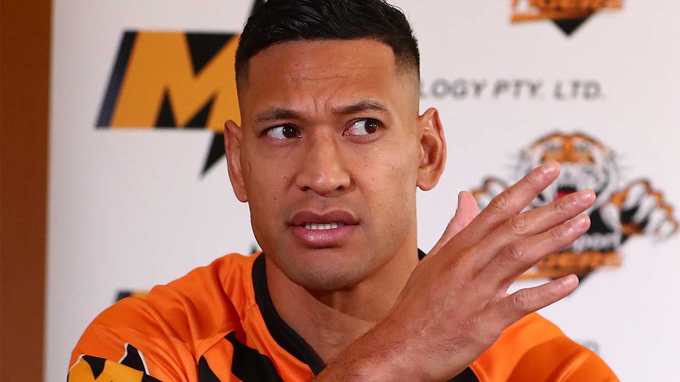 Israel Folau speaks to the media during a press conference at the Hilton Hotel in Brisbane.