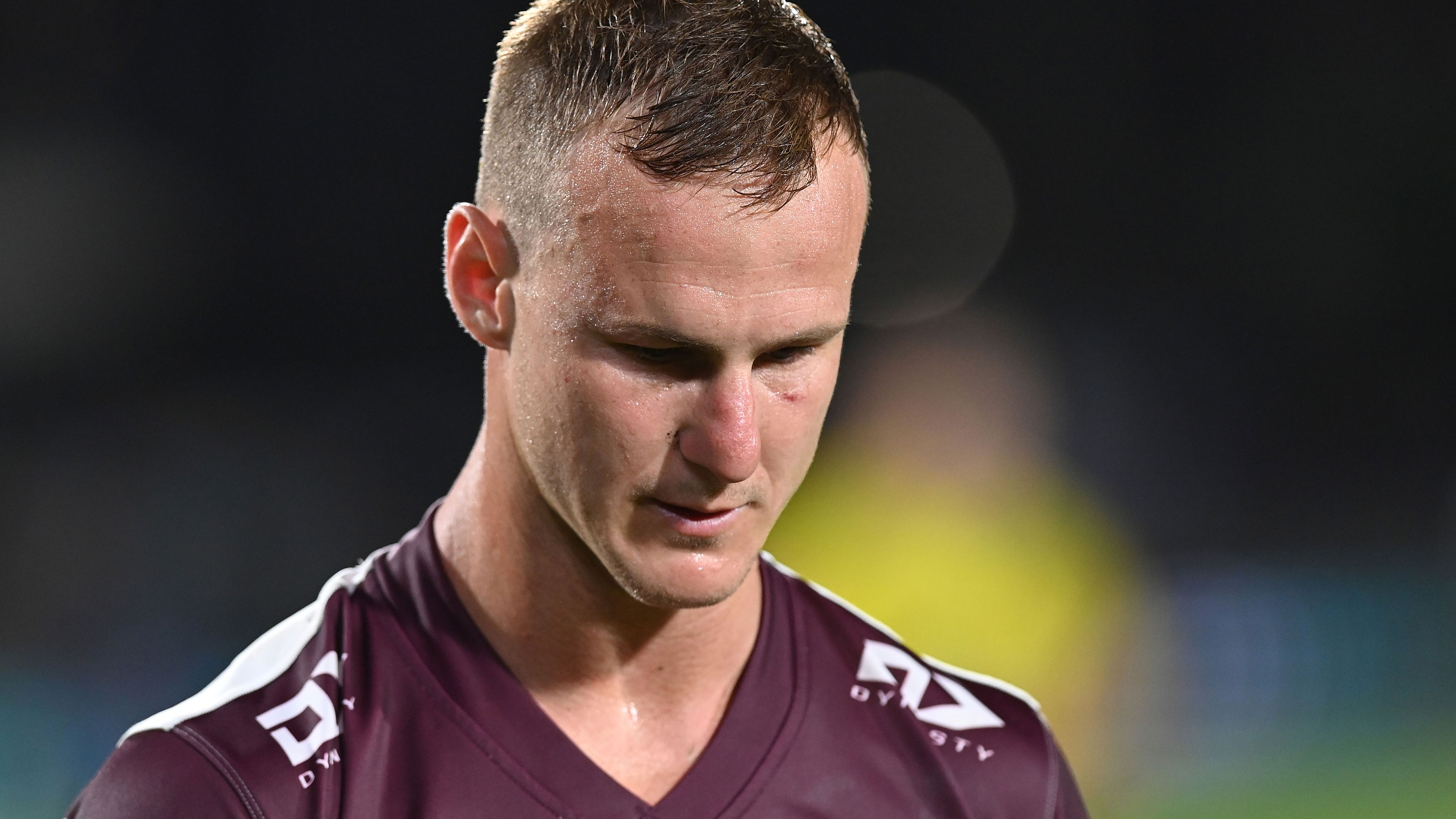 Daly Cherry-Evans reacts at halftime of in Manly&#x27;s heavy finals loss to the Storm.
