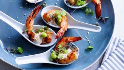 Recipe:&nbsp;<a href="http://kitchen.nine.com.au/2016/05/04/15/28/hayden-quinns-grilled-ginger-prawns-with-yuzu-mayo-soy-beans-and-roast-ground-rice" target="_top">Hayden Quinn's grilled ginger prawns with yuzu mayo, soy beans and roast ground rice</a>