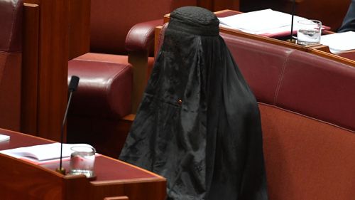 Pauline Hanson wearing  a burqa in the Senate. (AAP)