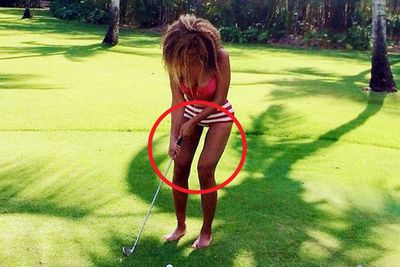 Sigh... she sure didn't learn the first time. <br/><br/>When Bey posted this golf pic last year, followers wondered if she'd <I>really</I> woken up like this...especially since her unnaturally wide thigh gap seemed to have grown. <br/><br/>Fans left comments such as: "Her thighs get thinner like magic. The Photoshop is unnecessary."<br/><br/>We have to agree.