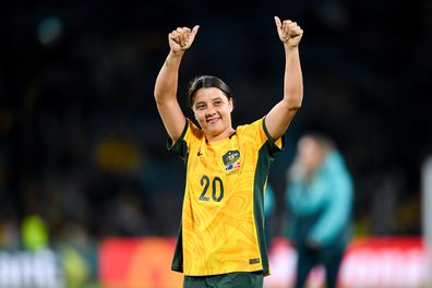 Sam Kerr of Australia celebrates winning the Women's World Cup round of 16 football match between the Australia Matildas and Denmark at Stadium Australia on August 07, 2023 in Sydney, Australia. (Photo by Steven Markham/Icon Sportswire)