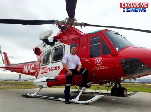 Wahlberg posing with a South Australian rescue chopper. Picture: 9NEWS