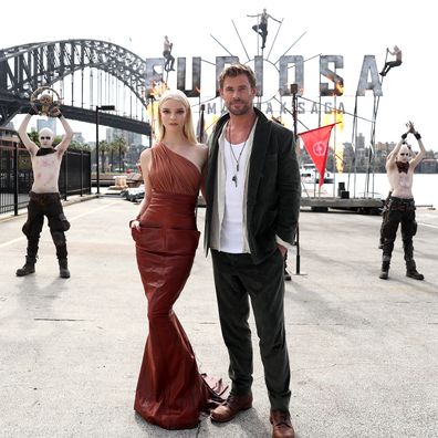 (L-R) Anya Taylor-Joy and Chris Hemsworth pose during the media call for "Furiosa: A Mad Max Saga" at the Overseas Passenger Terminal, Circular Quay on May 01, 2024 in Sydney