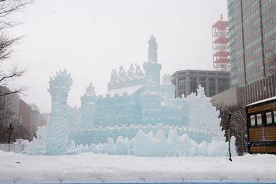 Sapporo, Japan - Feb. 7 2013 : Illuminated snow sculpture of The Land of Ice ~ Princess of White Wings at Sapporo Snow Festival 2013 in Sapporo, Hokkaido, japan. The Festival is held at Sapporo Odori Park. The festival is one of Japan's largest winter events, attracts a growing number of visitors from Japan and abroad every year.