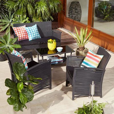 Four piece wicker-look conversation set in black, $229 <a href="http://www.kmart.com.au/product/4-piece-wicker-look-conversation-set---black/702881" target="_blank">Kmart</a>