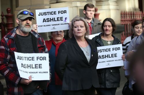 The mother of Ashlee Brown, Siobhann Brown, is joined by family and supporters outside the Supreme Court today. Picture: AAP