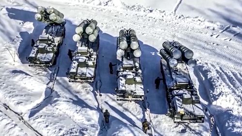 In this photo taken from video and released by the Russian Defense Ministry Press Service on Thursday, Jan. 27, 2022, Russian S-400 Triumf surface-to-air missile systems attend a military drills in Sverdlovsk region, Ural, in Russia. 