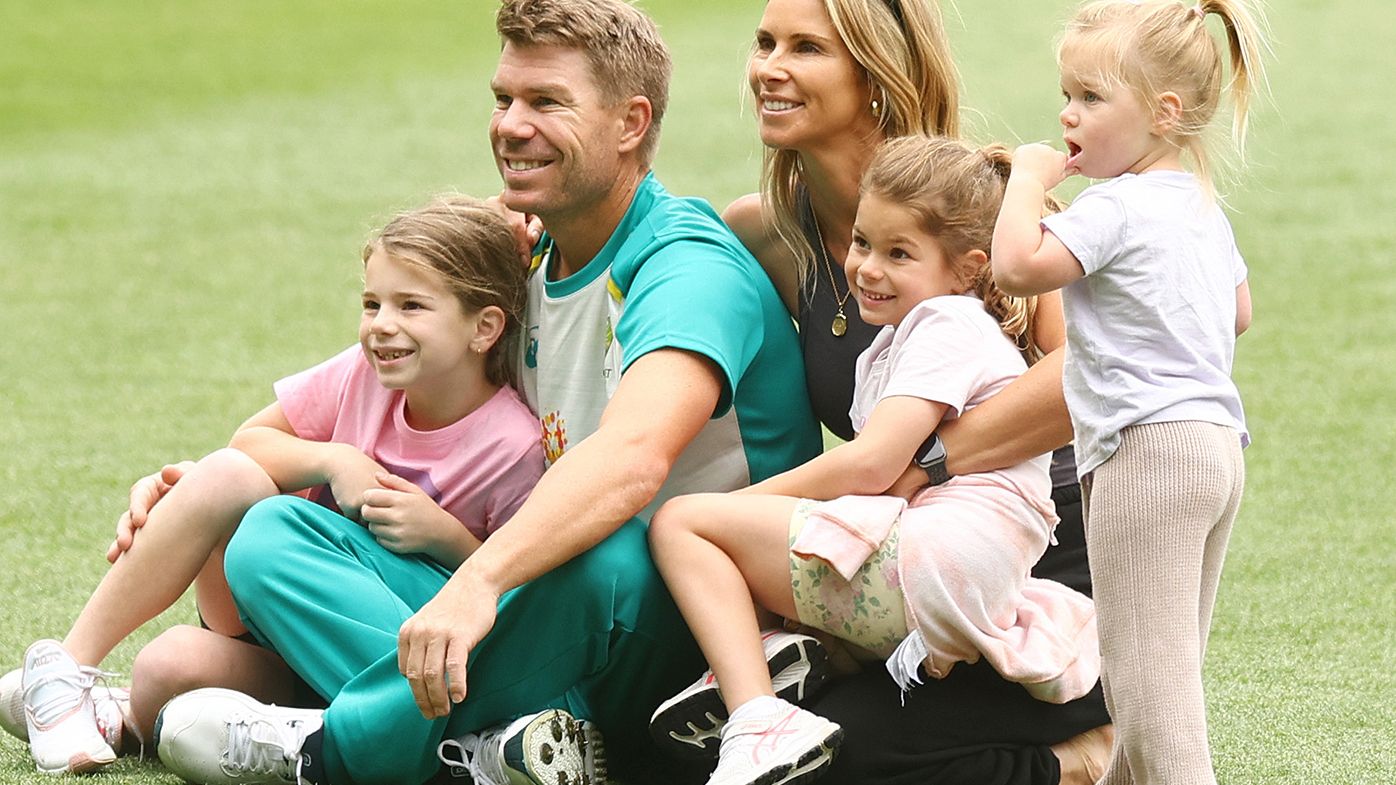 David Warner and wife Candice Warner with their daughters Ivy Mae, Indi Rae and Isla Rose.