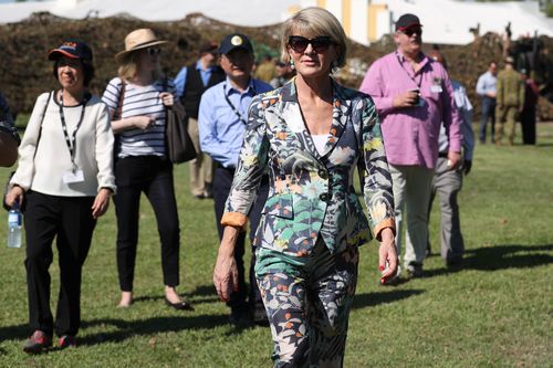  Julie Bishop walks down the back ramp of a US Marine Corp V22 Osprey at the Larrakeyah Barracks, Headquarters of Northern Command. Picture: AAP