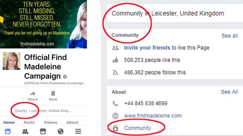 Facebook users highlighted the official Find Madeleine McCann Facebook page was wrongly listing itself as a 'charity' (left), but switched to 'community' after criticism. Source: Facebook