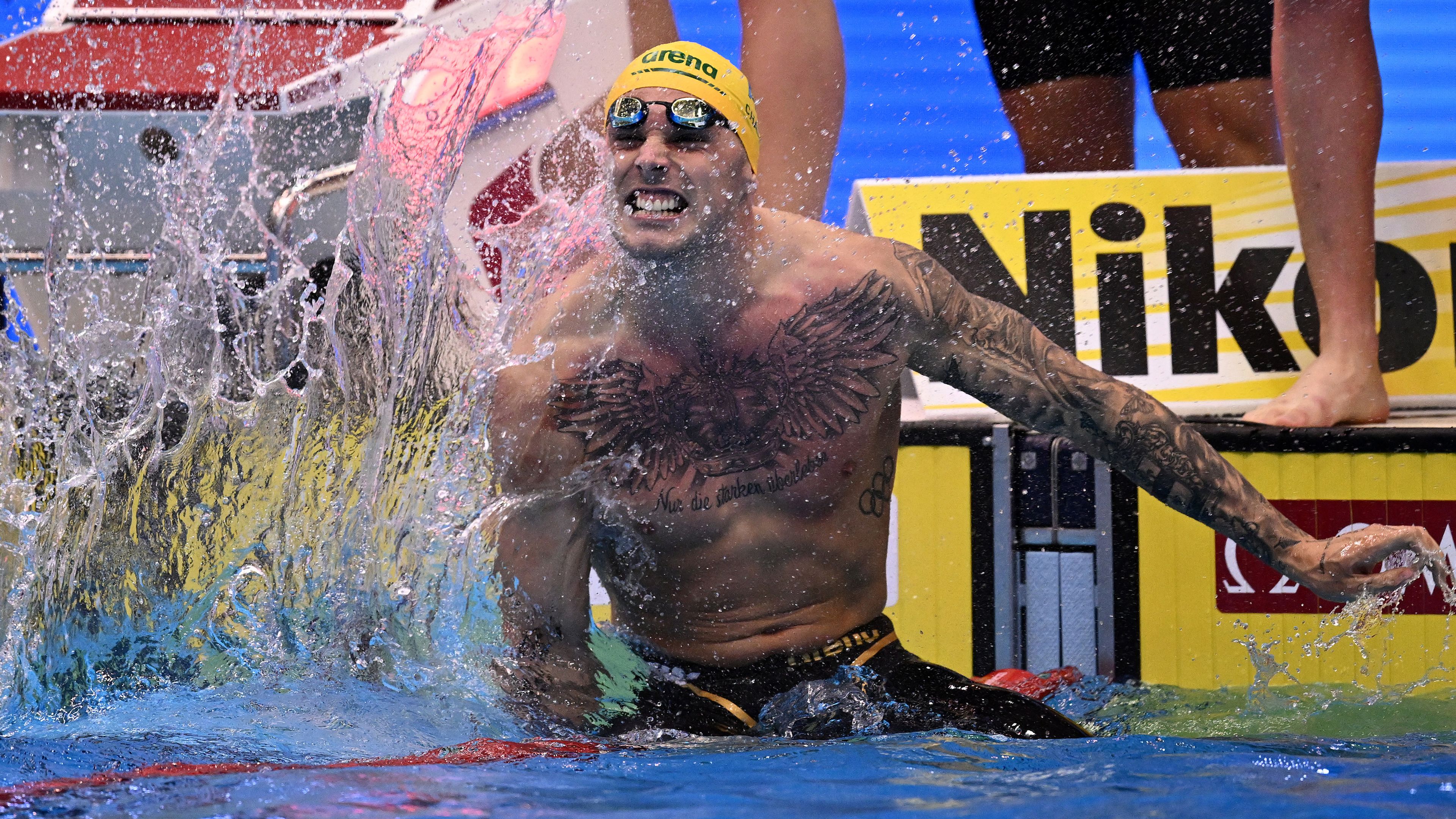 FUKUOKA, JAPAN - JULY 23:  Kyle Chalmers of Team Australia competes in the Men&#x27;s 4 x 100m Freestyle Relay Final on day one of the Fukuoka 2023 World Aquatics Championships at Marine Messe Fukuoka Hall A on July 23, 2023 in Fukuoka, Japan. (Photo by Quinn Rooney/Getty Images)