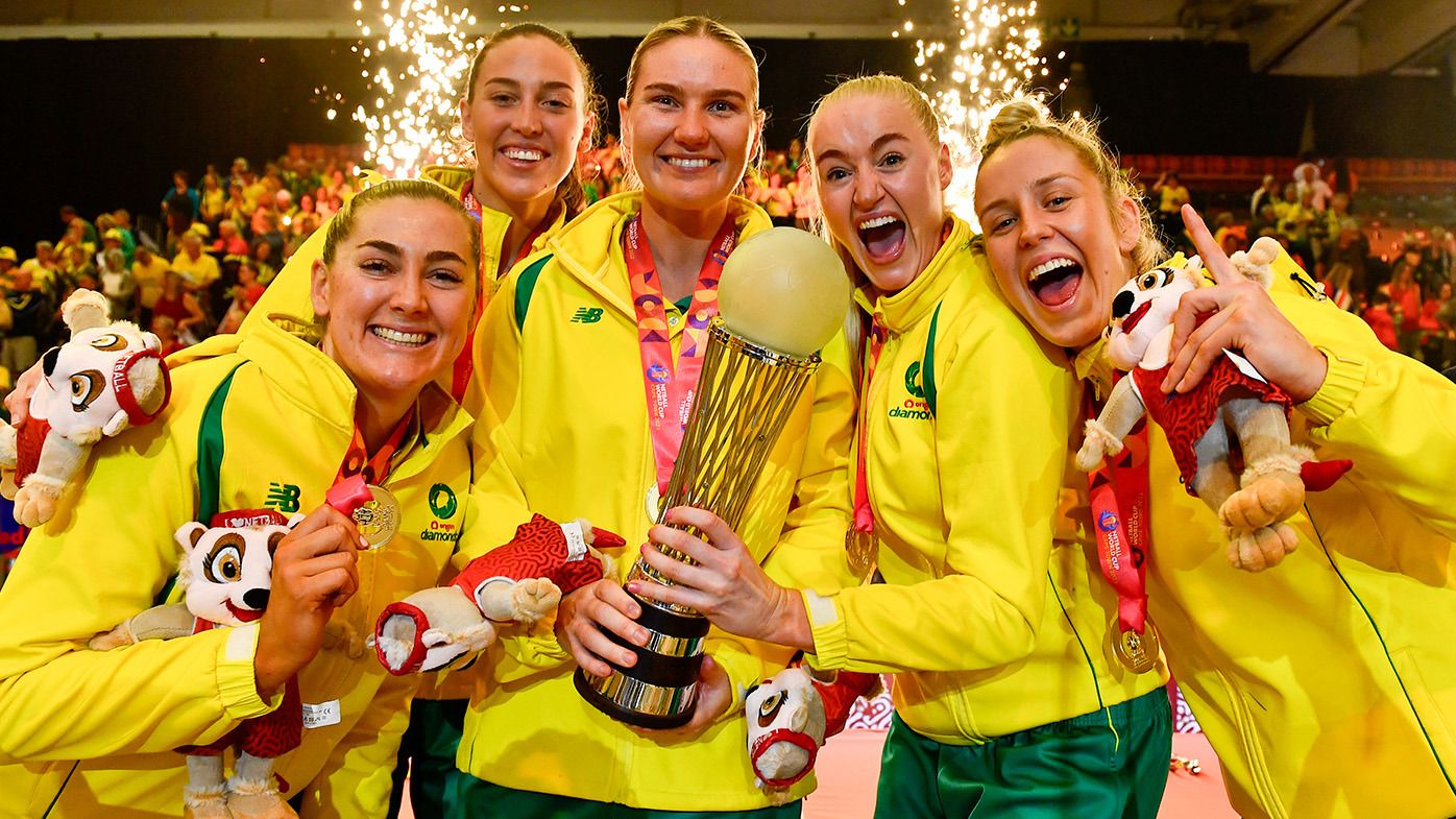 Australia crowned champions during the Netball World Cup Medal Presentation at Cape Town International Convention Centre, Court 1 on August 06, 2023 in Cape Town, South Africa. (Photo by Ashley Vlotman/Gallo Images/Netball World Cup 2023 via Getty Images)