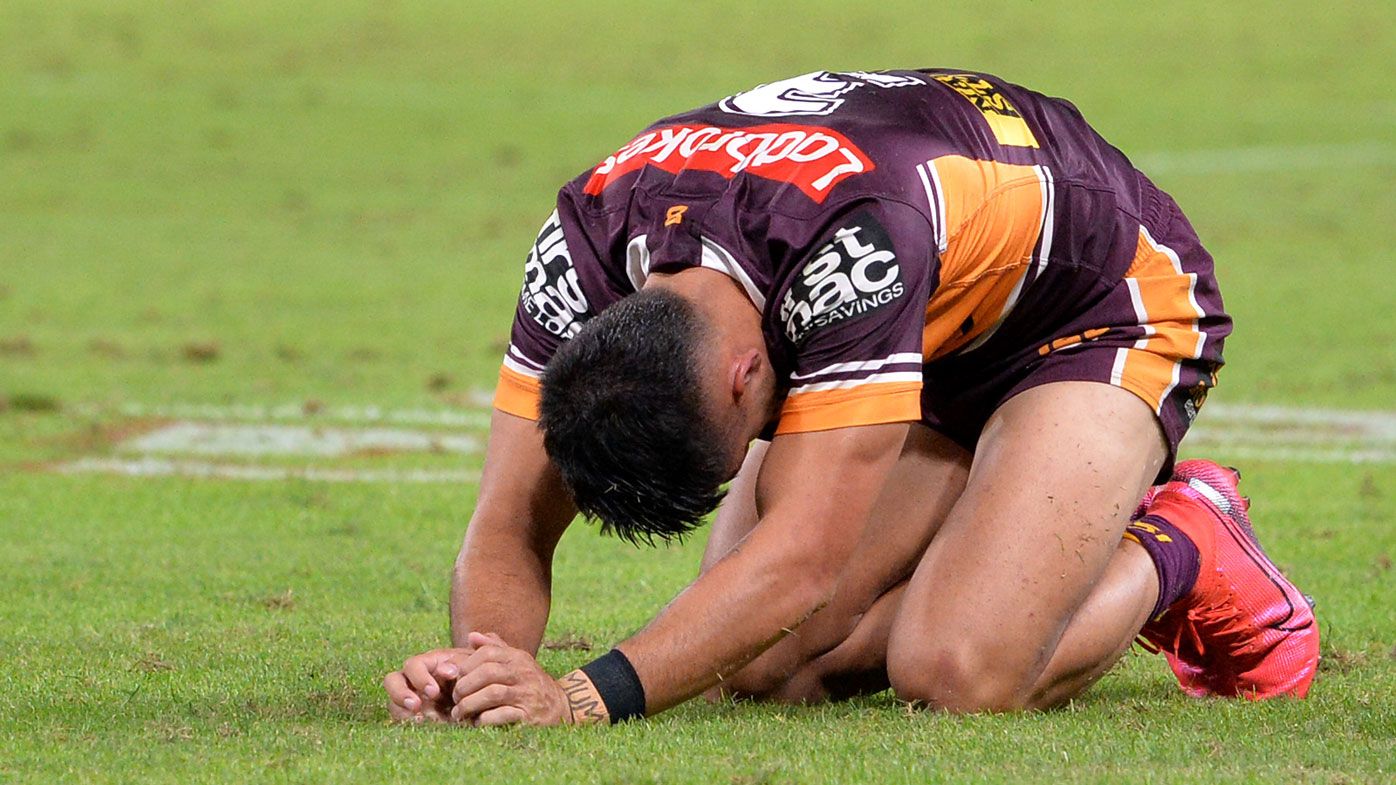 Jesse Arthars of the Broncos reacts during the round four NRL match between the Brisbane Broncos and the Sydney Roosters at Suncorp Stadium on June 04, 2020 in Brisbane, Australia.
