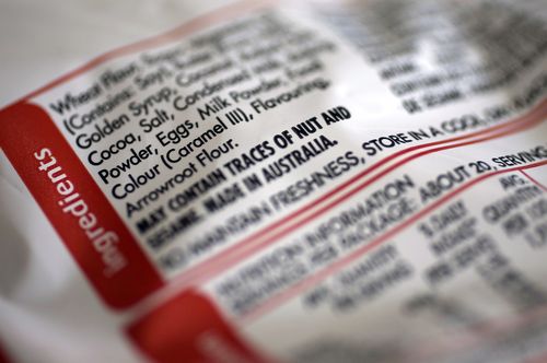 A food warning label which states the product may contain traces of nuts. (AAP)