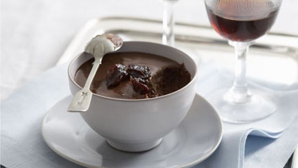 Chocolate pots with Pedro Ximénez -spiced sour cherries