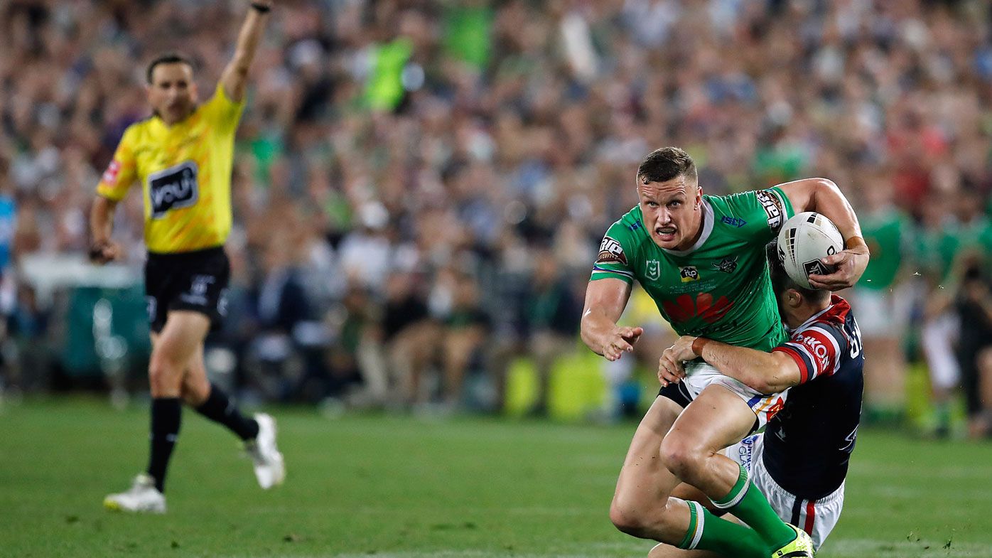 Jack Wighton takes a tackle late in the NRL grand final