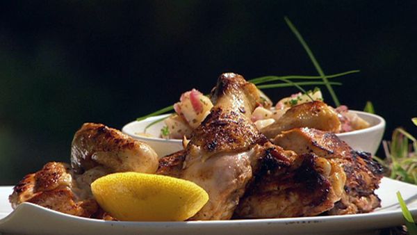 Barbecue marinated chicken with hot potato salad