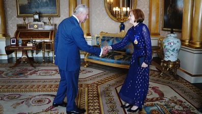 King Charles III receives the Governor of Tasmania, Barbara Baker, during an audience at Buckingham Palace on May 16, 2023 in London 